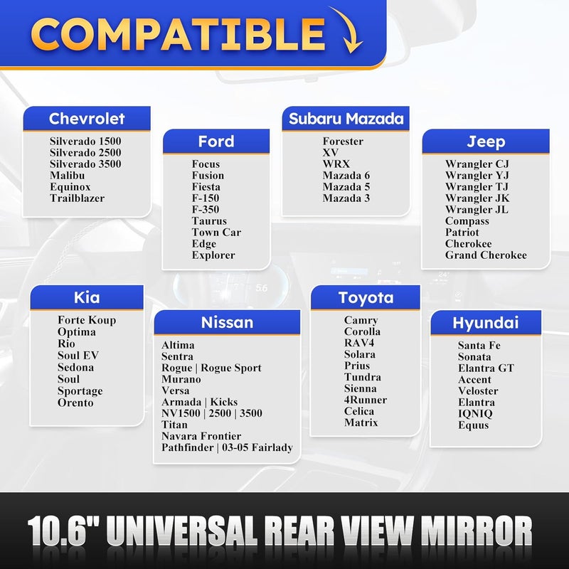 X4XZ 10.6" Rear View Mirror, Interior Rearview Mirror Universal Fit Type, Compatible with Jeep Wrangler Nissan Rogue Altima Toyota Corolla Camry Tacoma Ford F150 Focus Honda Civic Accord and More for car - Image 2